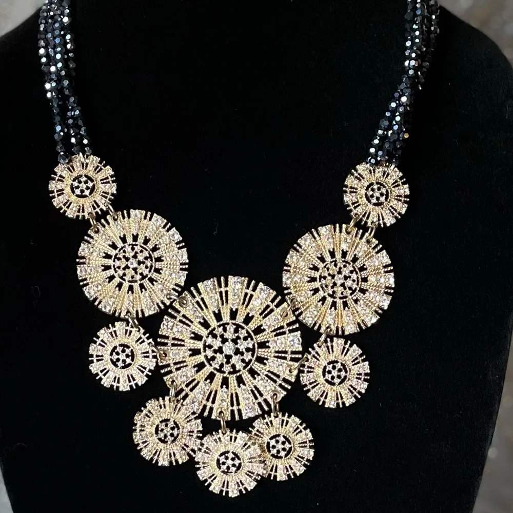 Beautiful Statement Necklace Has Silver Medallions with Rhinestone & Navy Beads